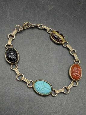 Vintage Egyptian Revival Multicolor Etched Scarab Beetle Motif Cabochon Bracelet